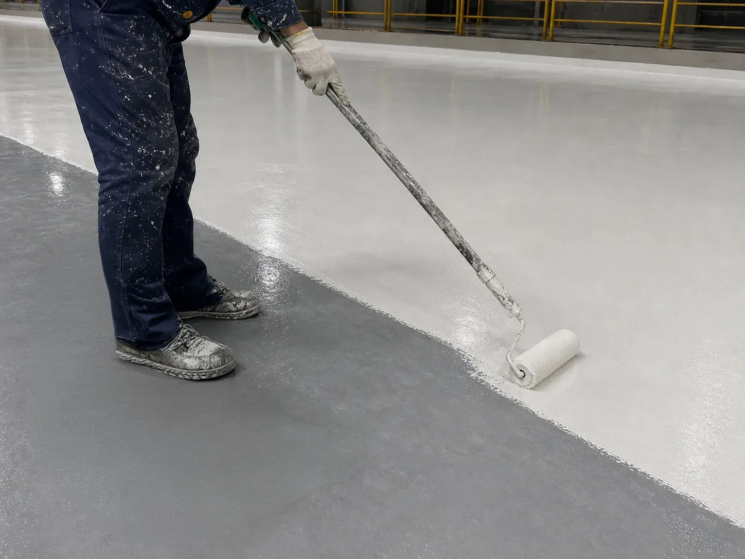 BW0-8027 polyaspartic floor topcoat roller application on an industrial floor surface
