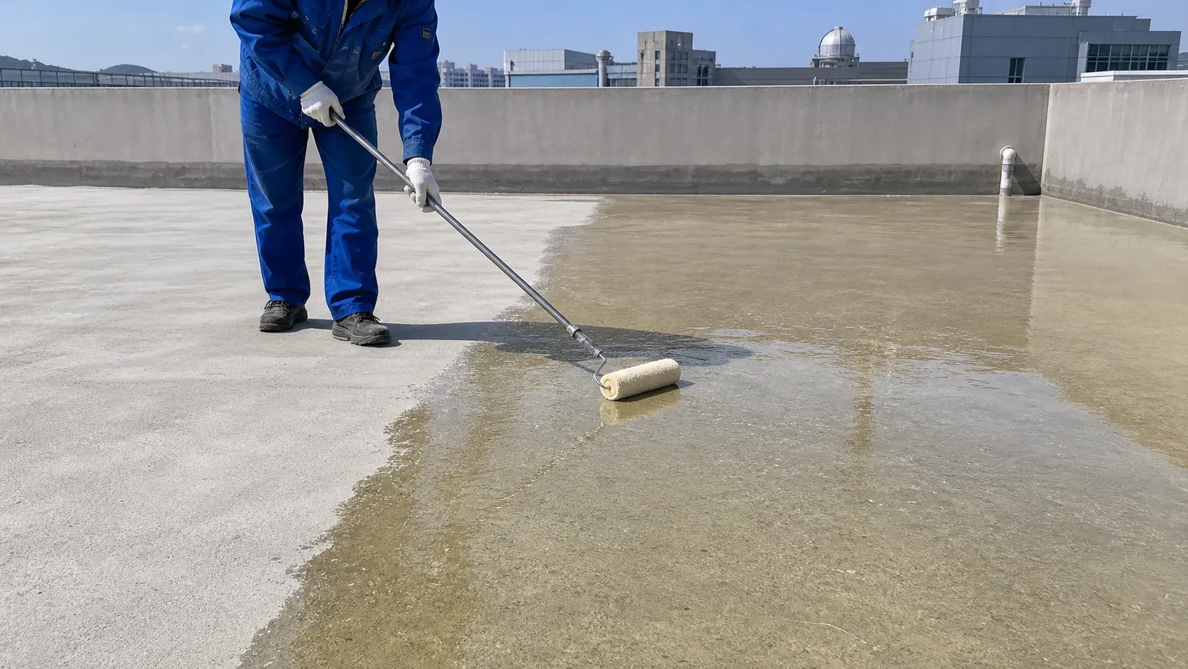 BW8009 concrete sealing primer roller application on a rooftop concrete substrate before polyurea coating